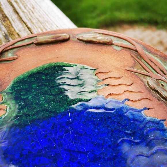 Red Clay Art Pottery Plate with Water Scene and Cat Tails / Bulrush - Picture 5 of 16